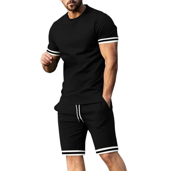 JUUYY Men's Tracksuits 2 Piece Sets Casual Loose Fit Striped Crew Neck Short Sleeve Tee Shirt Shorts Set Sports Athletic Outfit Black L