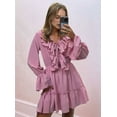 thumbnail image 4 of Womens V Neck Casual Long Sleeve Dresses Summer Loose High Waist Ruffle Pleated Cute Mini Short Dress Pink S, 4 of 8