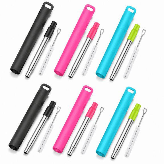 6 Pack Retractable Collapsible Stainless Steel Straws, Reusable Portable Metal Straw with Silicone Tips, Cleaning Brush & Storage Case for Travel Cruise