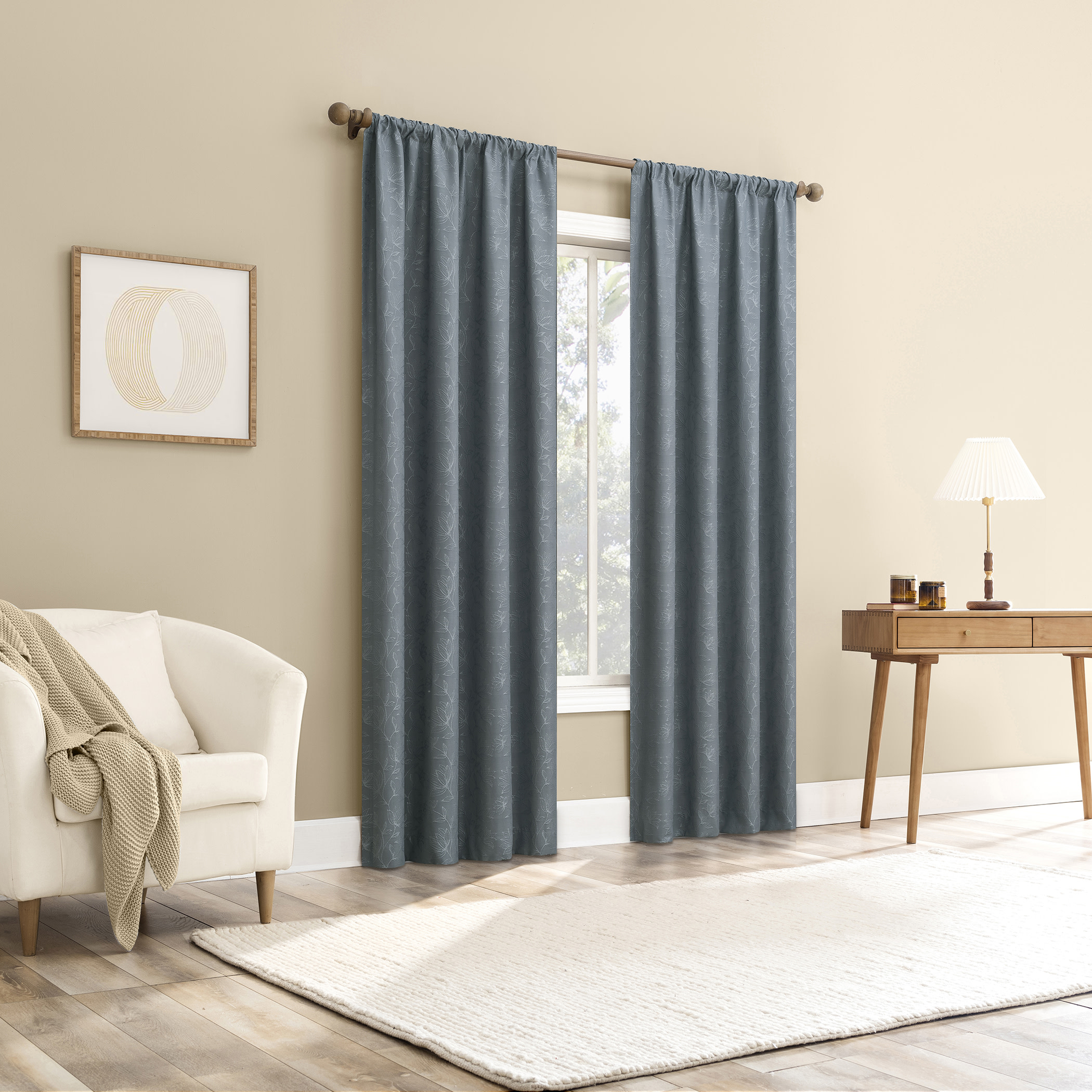 Sun Zero Bronte Floral Jacquard 100% Blackout Rod Pocket Curtain Panel, 50"W X 84"L, Denim Blue