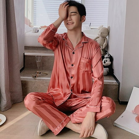 

QWZNDZGR Solid Color Couple Sleepwear Silk Satin Pajama Sets Long Button-Down Pyjamas Home Clothes Pijama Men s Loungewear Plus Size Pjs
