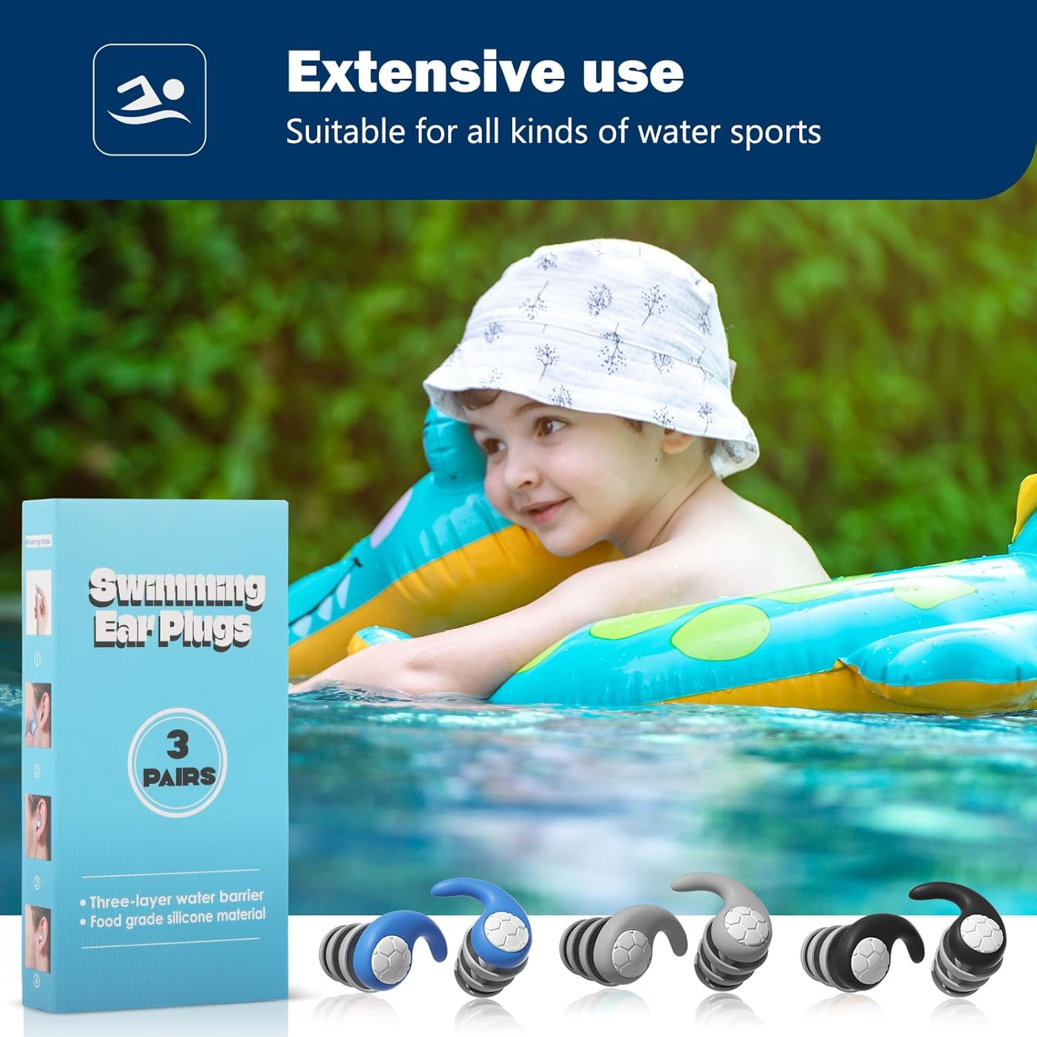 Swimming Ear Plugs for Kids,3 Pairs Waterproof Silicone Swim Earplugs for Swimming Surfing Diving Showering for 5-13 Years Olds Children and Small Ear Teens