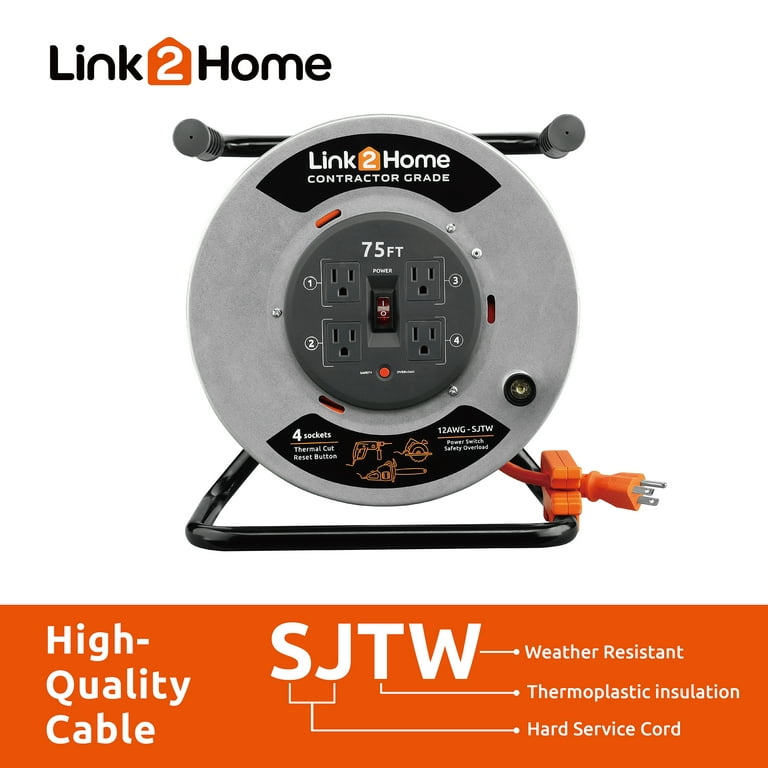  Link2Home Contractor Grade Metal Cord Reel 75 ft. Extension Cord  4 Power Outlets – 12 AWG SJTW Cable. Heavy Duty High Visibility Power Cord