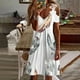 thumbnail image 3 of Vestido de hombro descubierto de encaje con cuello en V de manga corta con estampado de espalda para adelgazar informal para mujer Fridja qw6183, 3 of 5