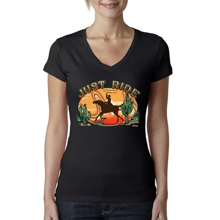 Wild Bobby Retro Cowboy Just Ride Cacti Sunset Lasso Pop Culture Women Junior Fit V-Neck Tee  Black  X-Large