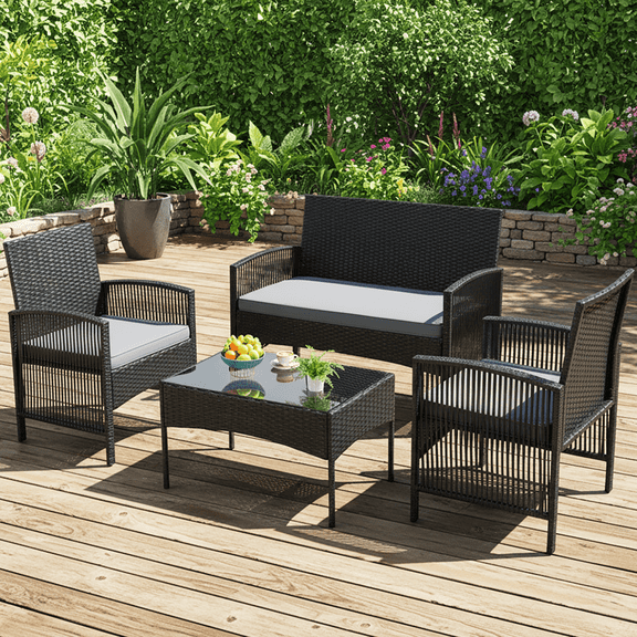 Outdoor Furniture Set, Segmart 4 Pieces Rattan Patio Sofa Set Cushioned Sofa & Charis, Deck Porch Poolside Furniture Conversation Set for 4 with Coffee Table, Gray