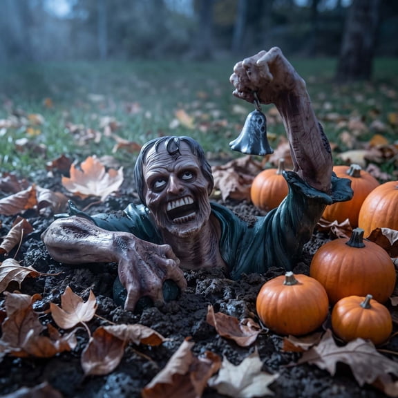Liamobondopolis Ground Breaking Zombie Figurine with Tiny Bell Spooky Resin Statue for Halloween Lawn Graveyard Outdoor Haunted House Decor 7.87x5.7in