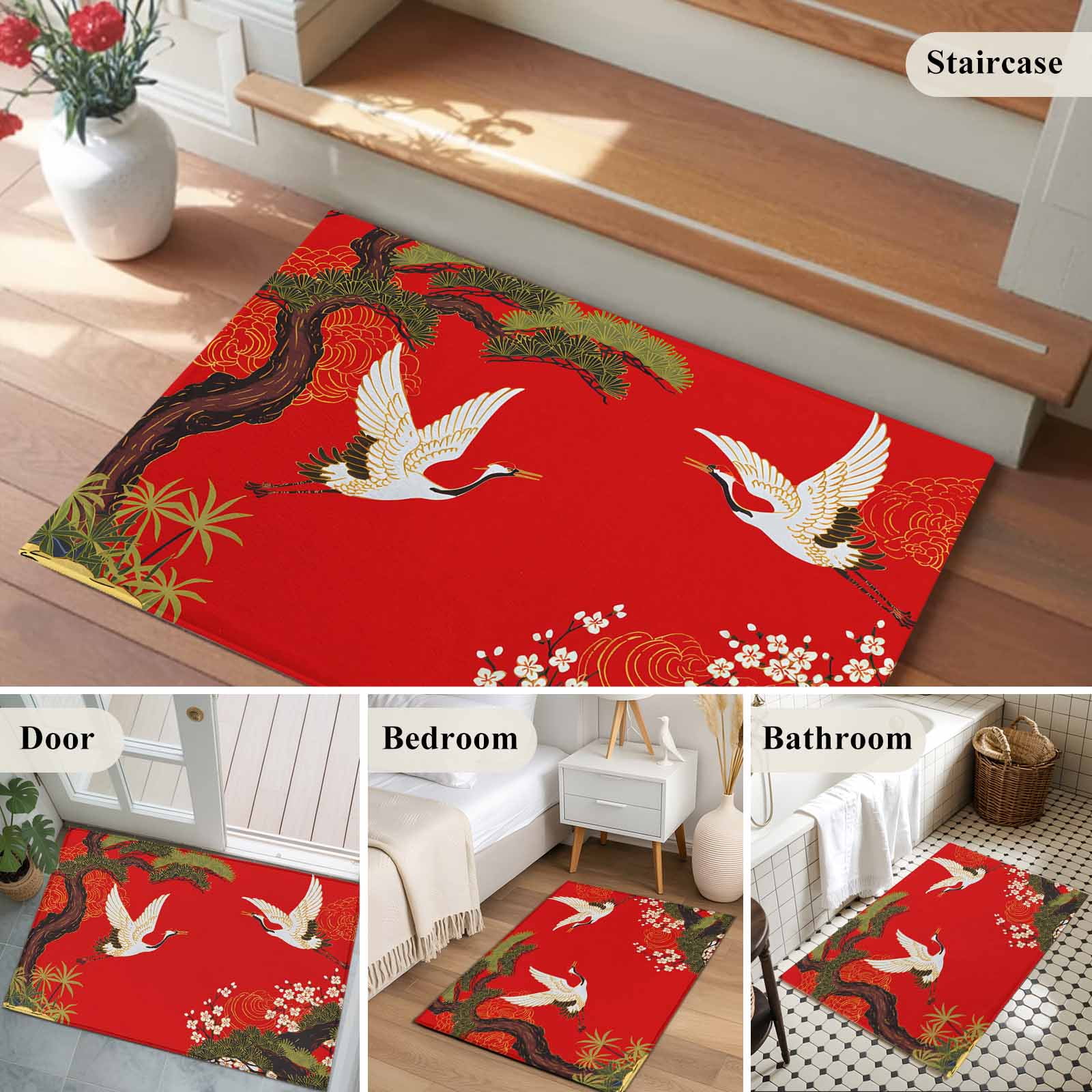 Area Rug 2x3ft, Retro Crane Pine Flower on Red Washable Rugs for Living Room Bedroom, Asian Chinese Pastoral Scenic Soft Non-slip Area Rugs Rectangle Floor Carpet for Dining Room