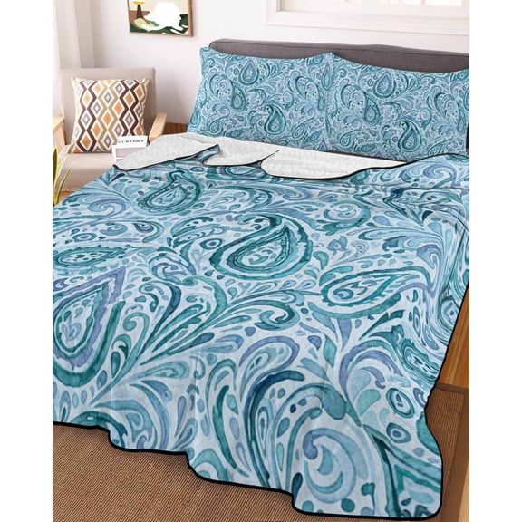 Light Blue Teal Full Size Down Alternative Comforter, Lightweight Comforter Quilt Bedding Set with Pillow Shams Retro Botanical Abstract Art All Seasons Bed Comforter Duvet Insert 78"x90"