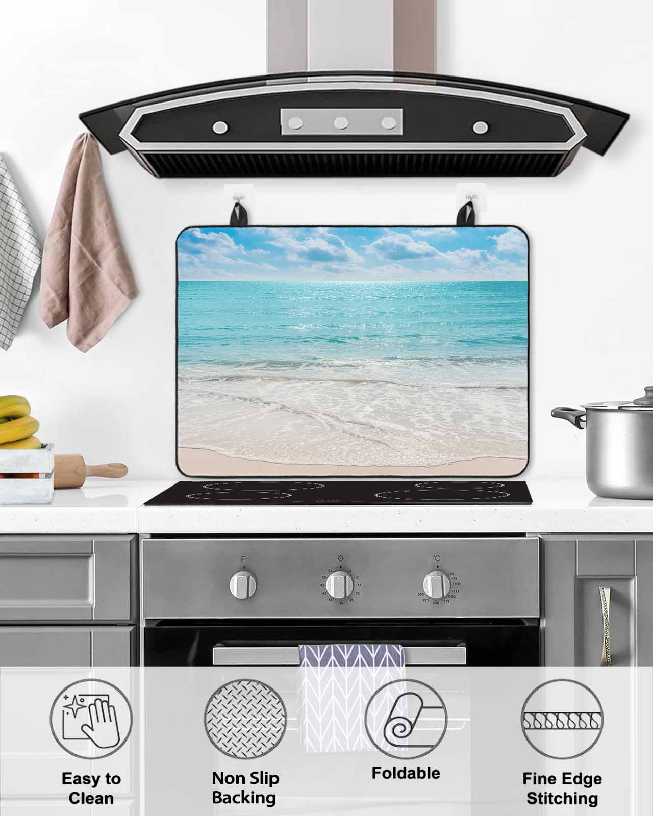 nqOlkjepod Large Induction Cooktop Protector Mat 36"x21", Teal Waves Coastal Stove Top Covers for Electric Stove, Summer Beach Sea Nautical Ocean Stove Burner Cover Mats, Glass Top Stove Cover