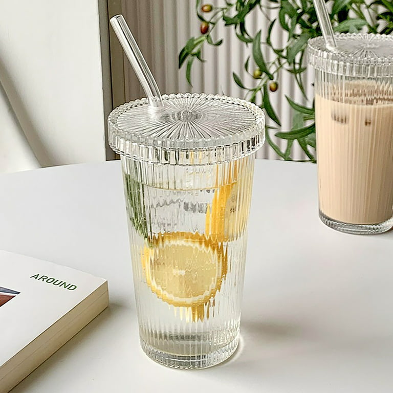 1pcs,13oz Vertical Stripe Glass Cup,Iced Coffee Cup with Lid and Straw, Ribbed Glassware,Drinking Glass,Vintage Glassware Cocktail Glasses for  Cocktail,Beer,Juice,Milk,Decor,Gift 