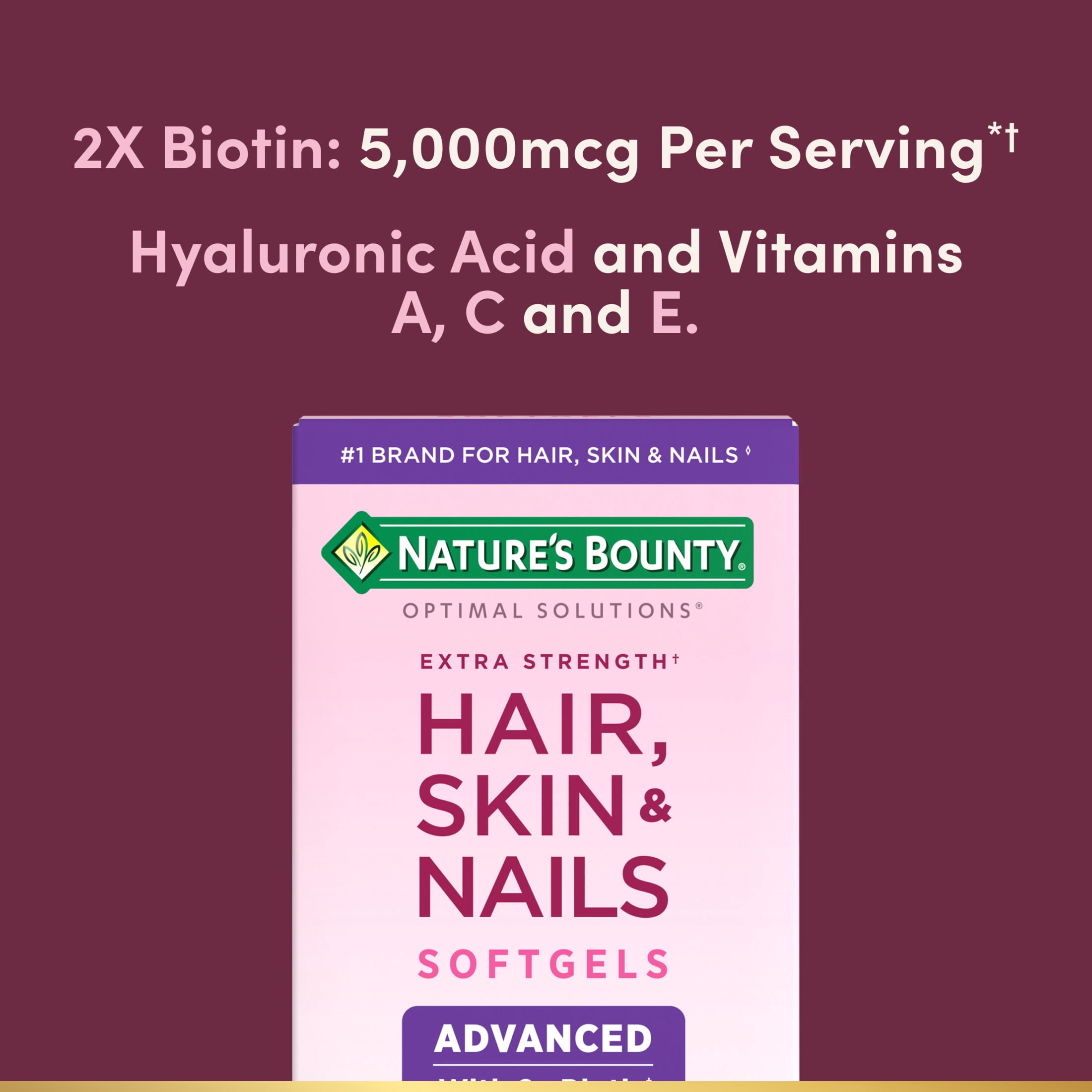 Nature's Bounty Optimal Solutions Advanced Hair, Skin and Nail Biotin & Vitamins A, C, & E Softgels, 150 Count