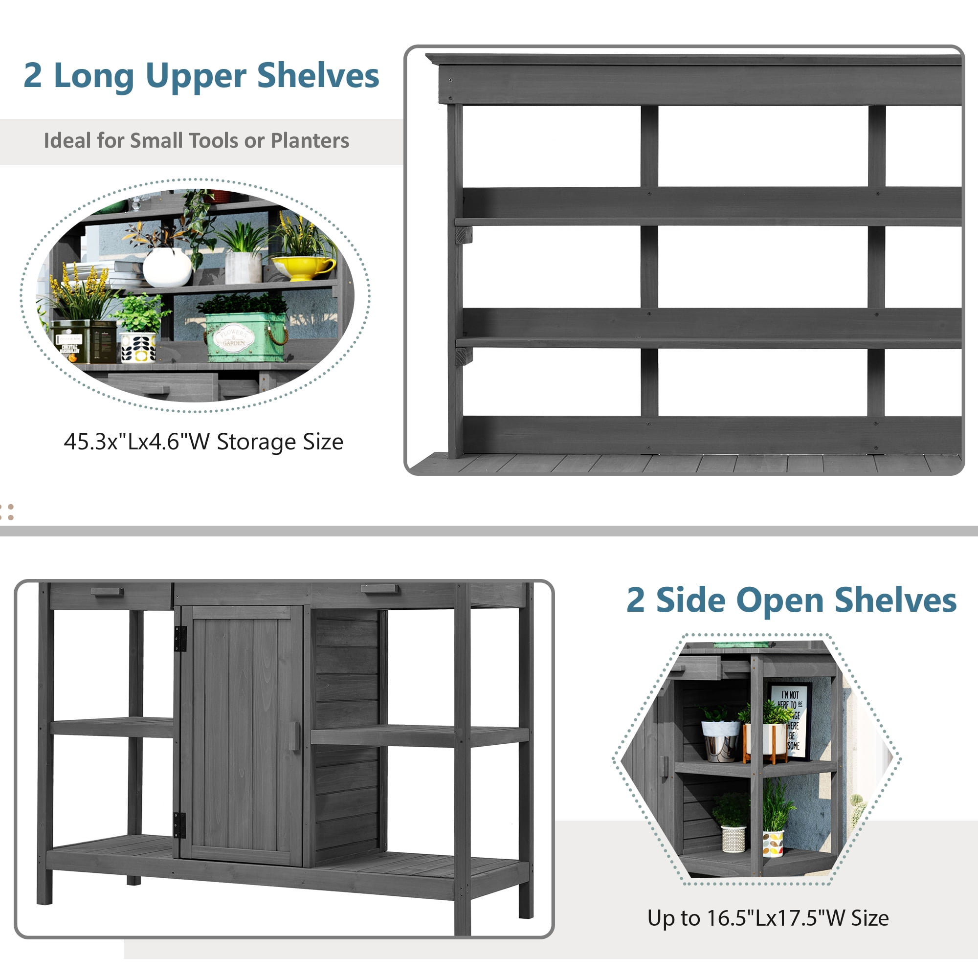 Yoneston 66"H Outdoor Farmhouse Wooden Potting Bench Table, Garden Workstation with 2 Drawers, Cabinet and Open Shelves for Gardening Backyard Mudroom, Gray