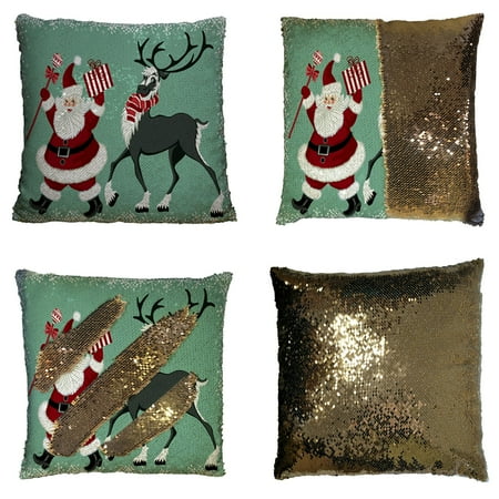 Reindeer Home Decor GCKG Merry Christmas Theme Pillowcase, Lovely Santa Claus Reindeer Reversible Mermaid Sequin Pillow Case Home Decor Cushion Cover 16x16 inches ()