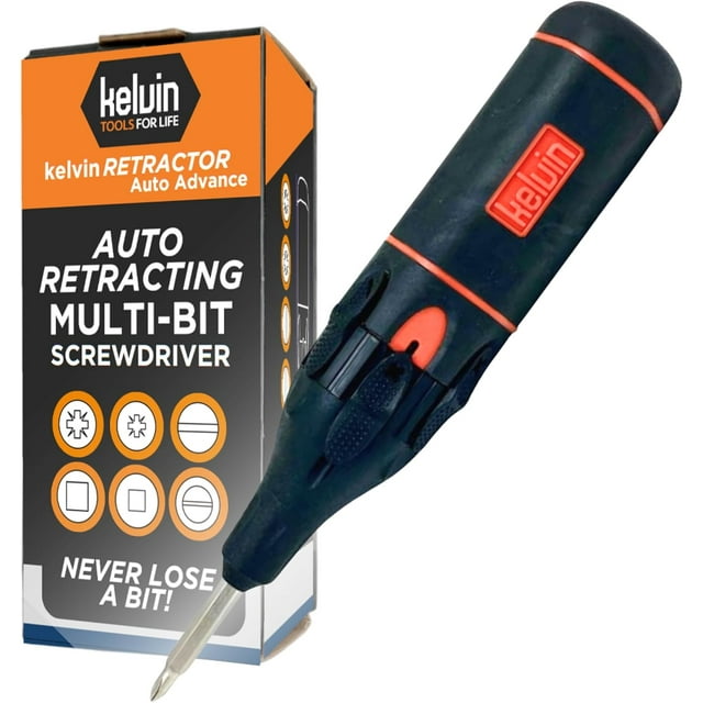 Kelvin Tools Retractor Auto Advance - Automatic Multi-Tool Screwdriver, Multi-Head Screwdriver All-in-one, Autoloader Multi-bit 6-in-1 Screwdriver, Multi-use Tools (Black/Orange)
