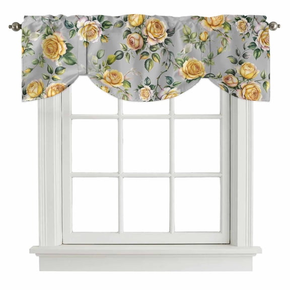 Yellow Rose Tie Up Valance Curtains for Windows, Kitchen Curtains Window Treatments, Vintage Country Botanical Floral Vines Short Window Shades Valances for Bedroom Bathroom Cafe 42"x18"