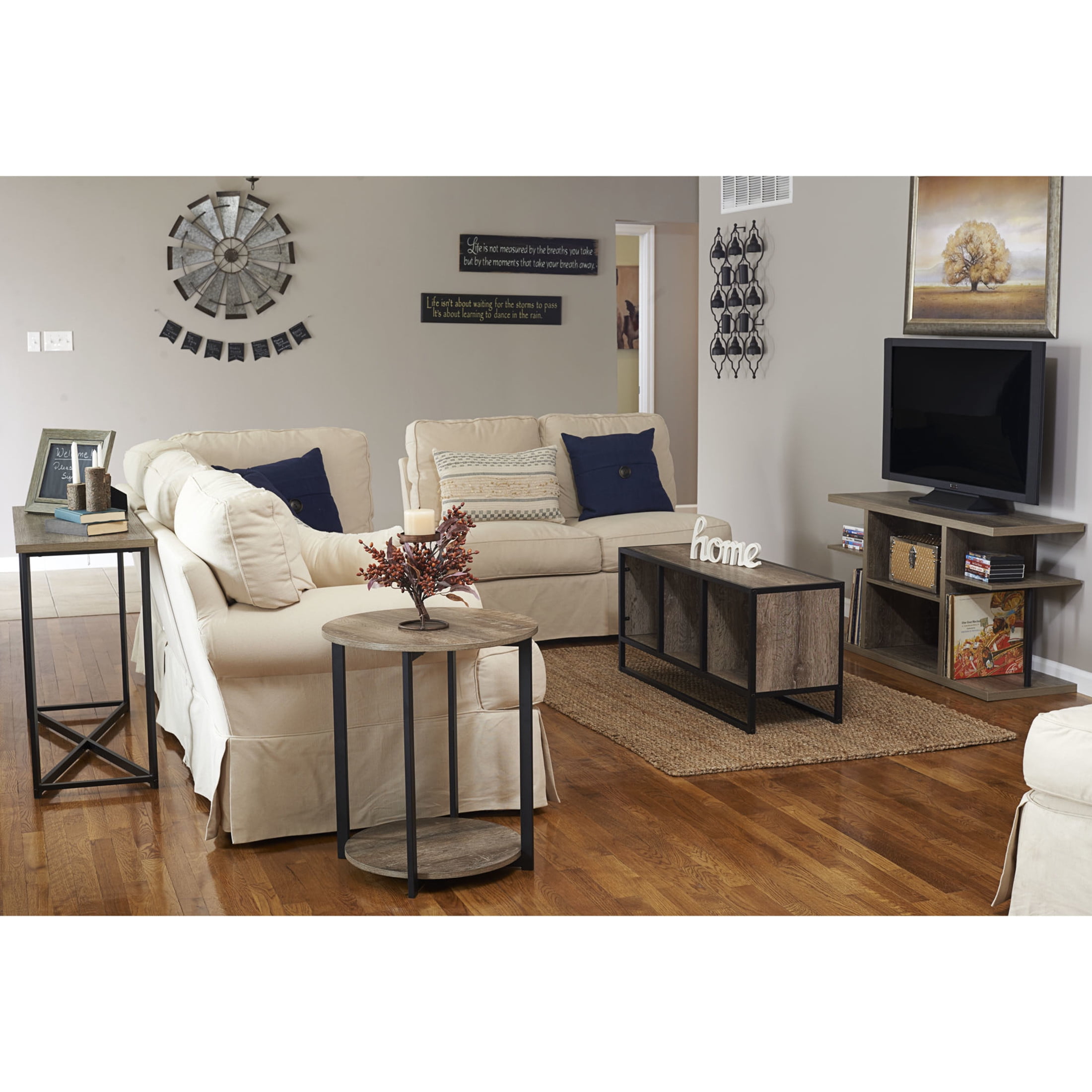 Household Essentials Jamestown Round Side End Table with Storage Shelf Ashwood Rustic Wood Grain and Black Metal