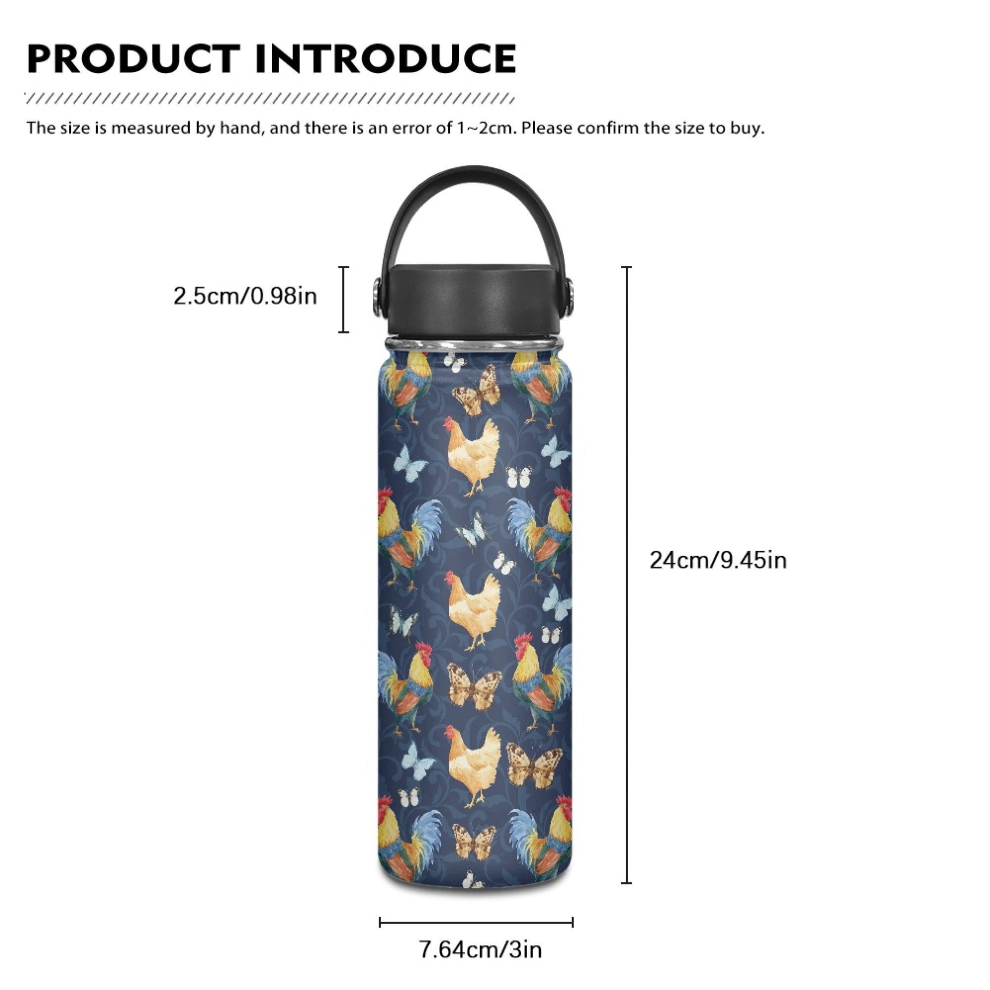 SEANATIVE Butterfly Chicken Water Bottles for Girls 18oz Leak Proof Double Walled Stainless Steel Gym Bottles for Women Men Insulated Hot Cold Hiking Canteen