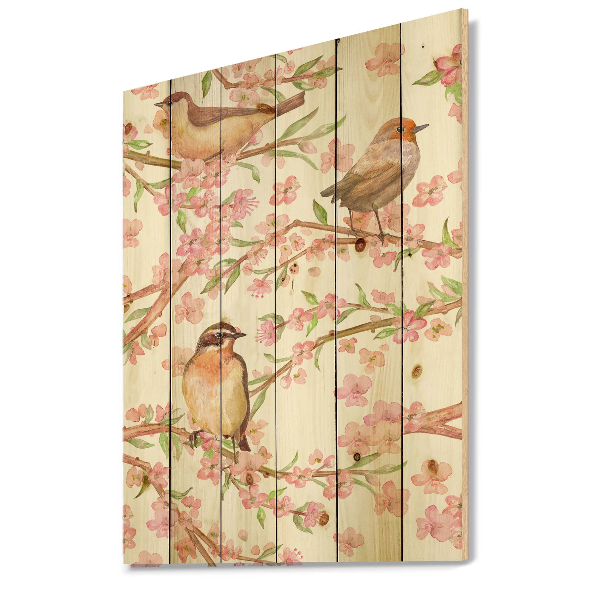 Designart 'Lovely Birds On Branches Of Flowering Almond' Traditional Print on Natural Pine Wood