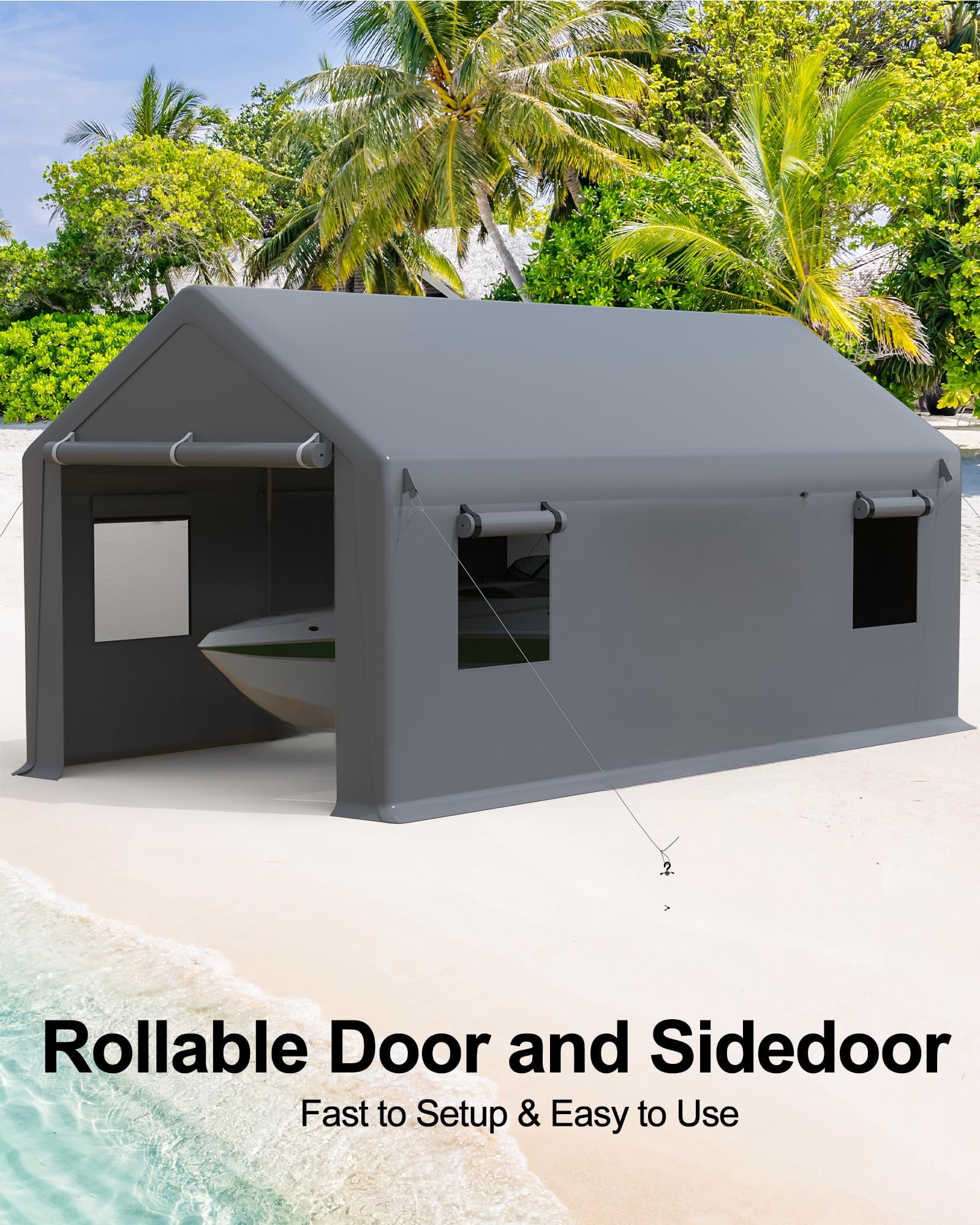 12x20 ft Heavy Duty Carport, Portable Garage with Roll-up Windows & Removable Sidewalls & Doors, Car Canopy with All-Season Tarp for Car Boat Truck Motorcycle