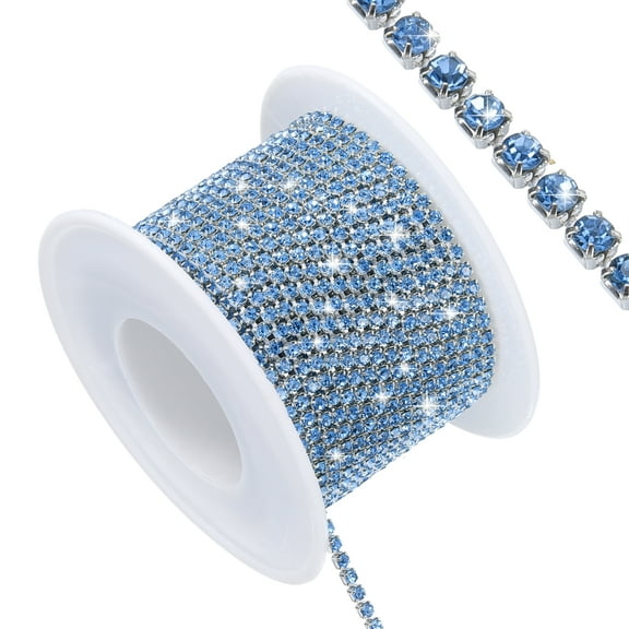 Uxcell 11 Yard Crystal Rhinestone Close Chain Trim, Crystal Rhinestone Strips, Light Blue Rhinestone with Silver Base