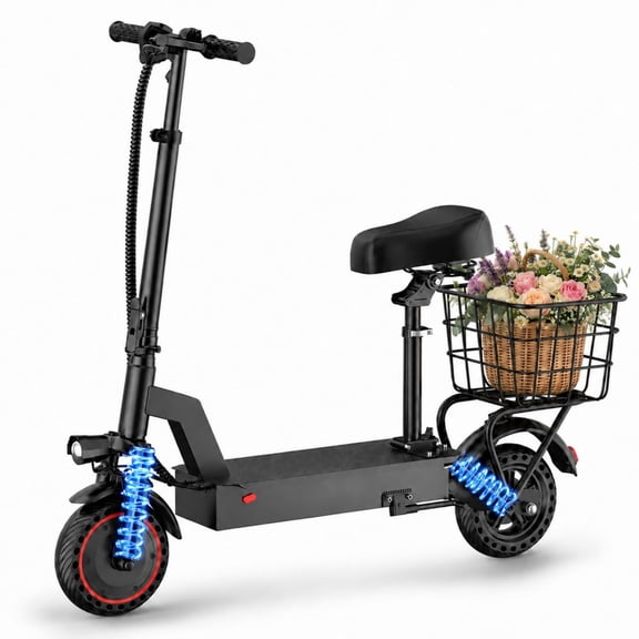Adult Seated Electric Scooter with Basket, 500W Motor, Up to 19 MPH, 21‑Mile Range , Foldable, Dual Suspension, 10" Solid Tires, 265 lbs Max Load