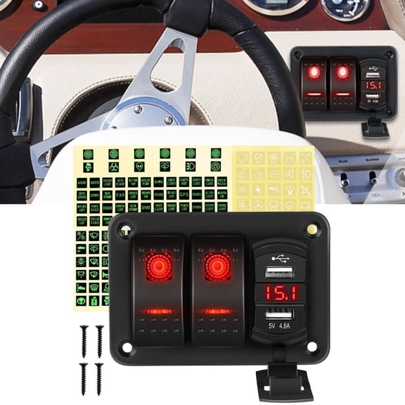 Waywe 2 Gang Rocker Switch Panel Red Backlit with 4.8 Amp Dual USB Charger Voltmeter Waterproof 12V 24V DC Rocker Switch for Car Trucks Boats RVs
