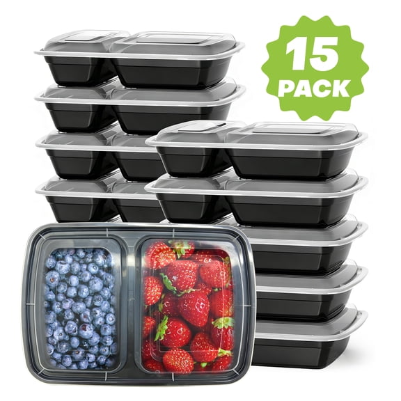 GARITIN 15 Pack Meal Prep Containers, 2-Compartment Plastic Food Prep Containers Reusable, Leakproof To Go Food Containers with Lids for Lunch,  Microwave, Freezer Safe, To Go Take Out Food Storage