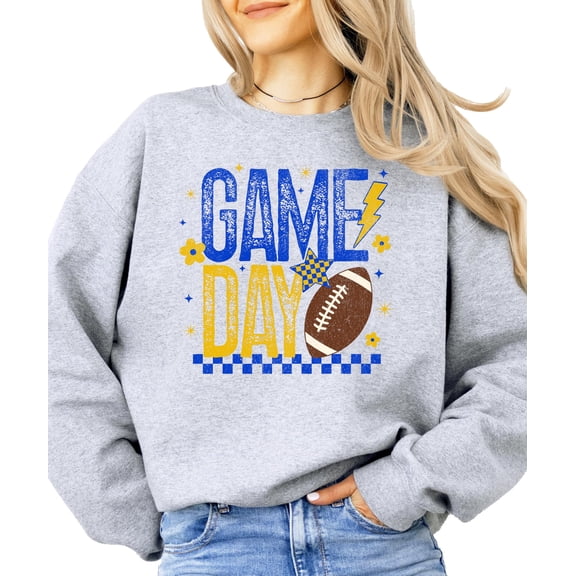 Retro Blue And Yellow Game Day Sweatshirt for Women, Teens & Kids Girly Football Sweater Gray Sweatshirt Adult Large