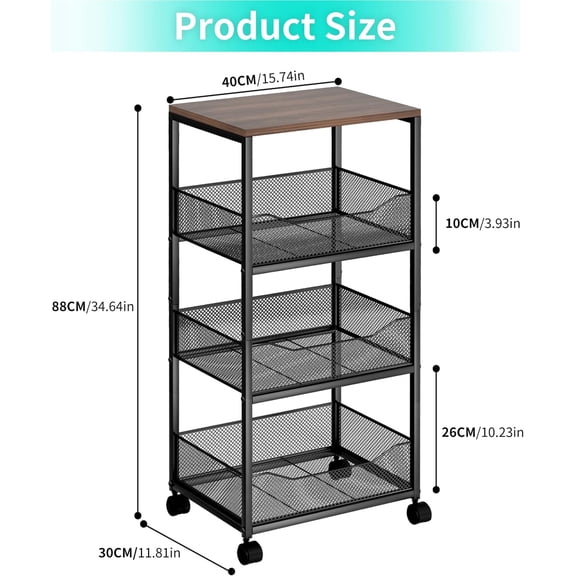 4-Tier Rolling Kitchen Storage Cart with Wood Top and Mesh Baskets for Fruits Vegetables Snacks
