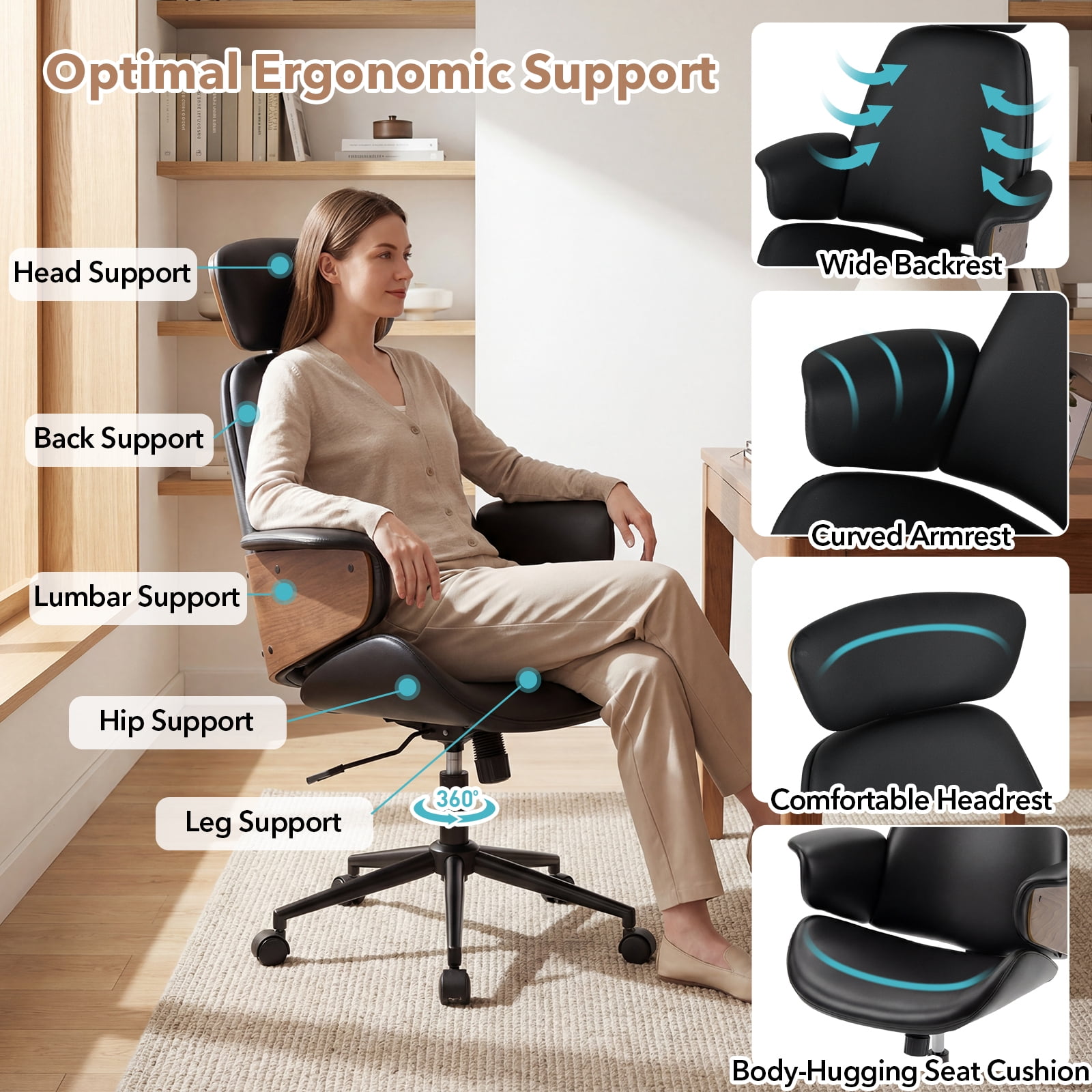 Costway Ergonomic Office Chair with Headrest, Adjustable Height, Faux Leather & Metal Base