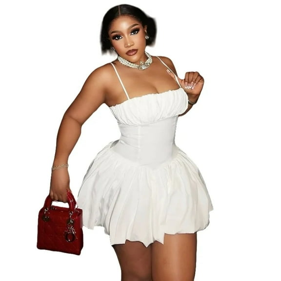 Women's Sleeveless Halter Pleated Mini Bud Dress, Waistband Slim, Solid Color, Sexy