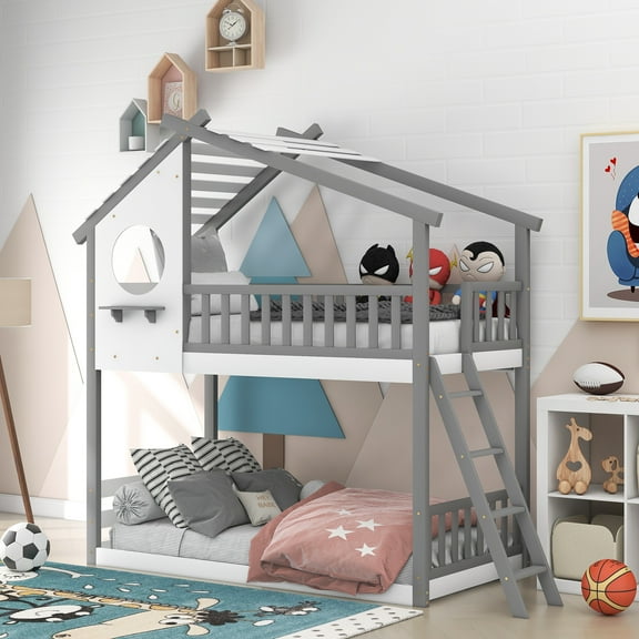 Gray Twin Over Twin Wood Bunk Bed with Roof, Window, Ladder