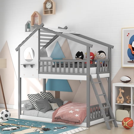 ikayaa Twin Over Twin Bunk Bed Wood Bed with Roof  Window  Ladder ( Gray)