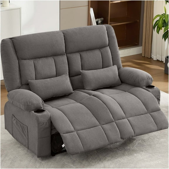 JERFIT Modern Fabric Recliner Loveseat with Cup Holders, Manual Reclining Sofa for Living Room, Grey