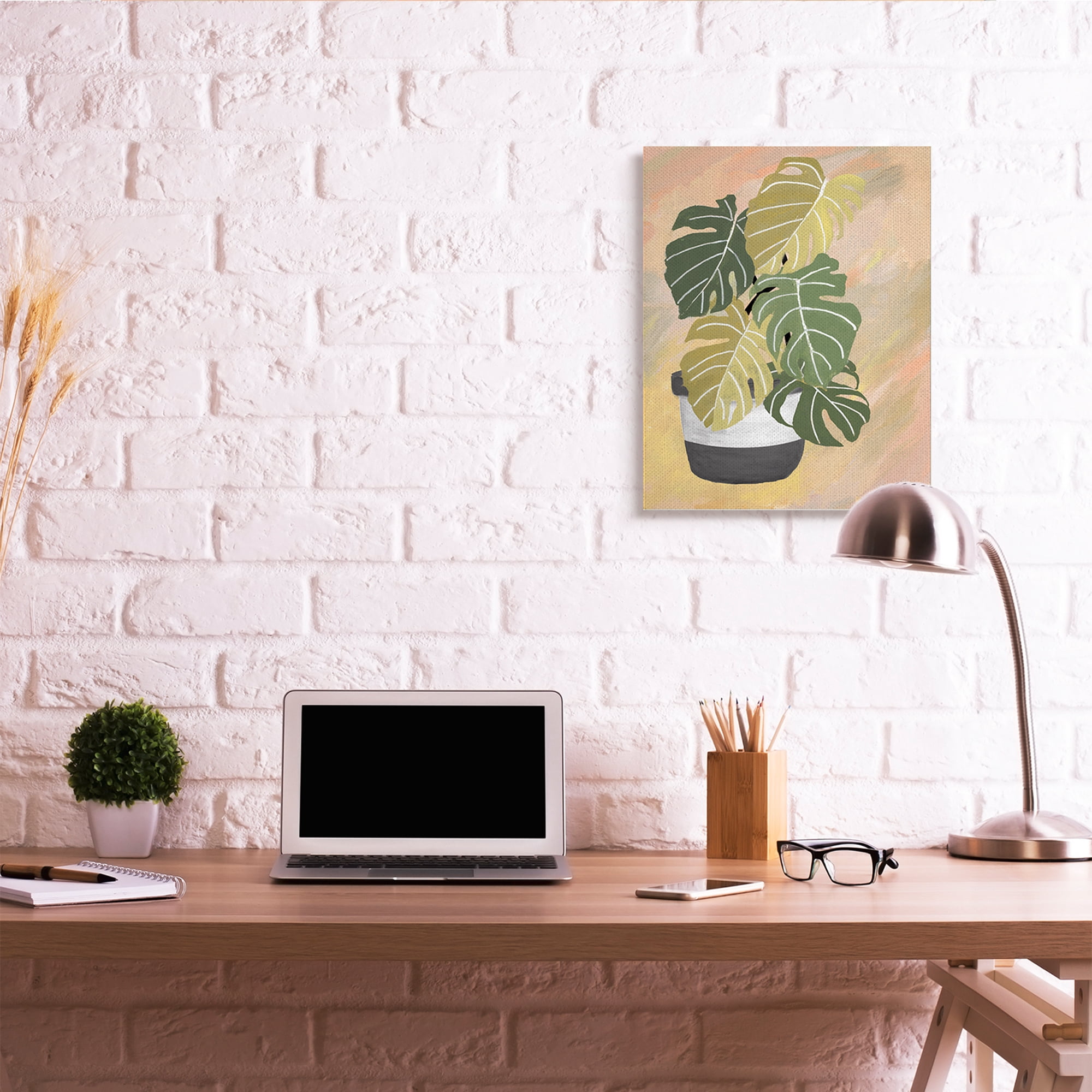 Stupell Industries Unique Leaf Plant Tropical Monstera Over Abstract Botanical & Floral Painting Gallery Wrapped Canvas Art Print Wall Art, 24 x 30