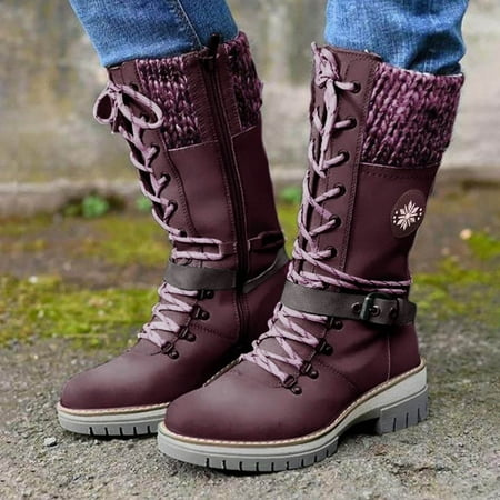 

FZM Women shoes cowboy boots Buckle Heel Lace-Up Boots Belt Fashion Women s Mid- Woolen women s boots