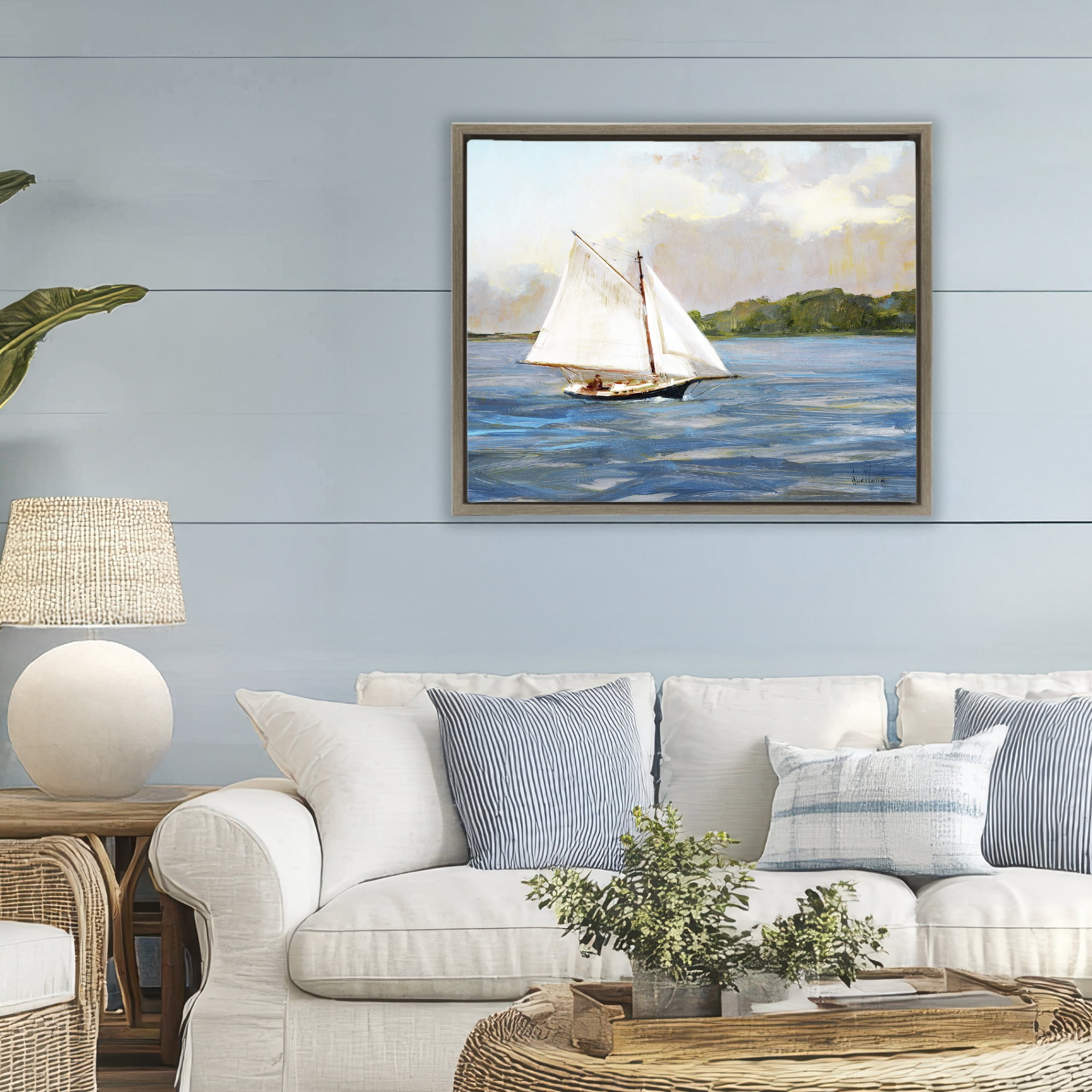 Stupell Industries White Sailboat on Calm Blue Sea Brown Framed Floater Canvas Wall Art, design by Katie Swatland