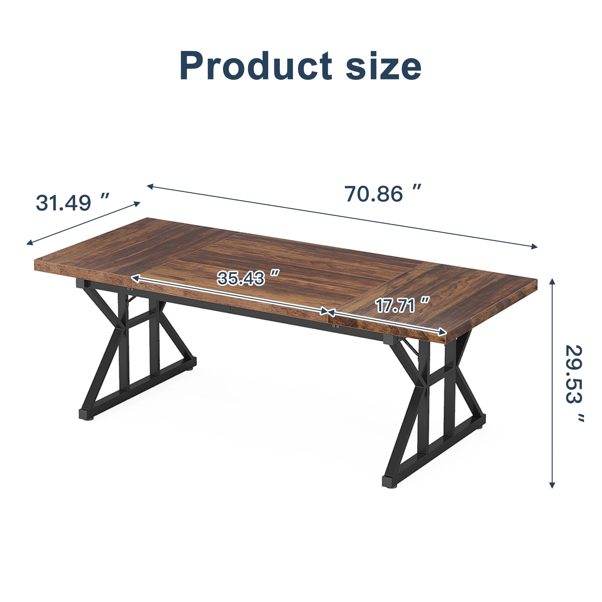 Demi Bonn 71" Farmhouse Dining Table, Wood Rustic Kitchen Table for 6 People, Large Rectangular Dinner Table for Dining Room, Home Office, Living Room Furniture, Brown & Black