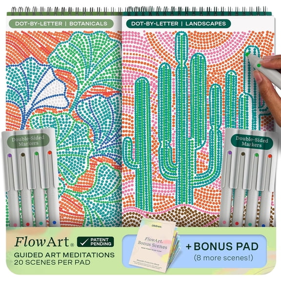 Lifelines FlowArt Activity Pads, 2-Pack & Bonus Pad - Guided Dot-by-Letter Art Meditations - 8 Double-Sided Markers & 48 Scenes - Botanicals and Landscapes