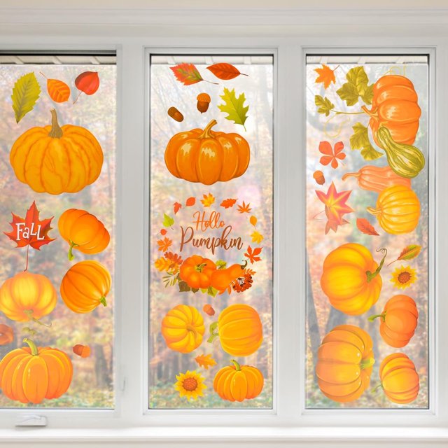 Calcomanías para ventanas con forma de calabaza otoñal, 9 hojas de gel con hojas de arce otoñal, calcomanías adhesivas de doble cara, decoraciones reutilizables para ventanas para Acción de Gracias,