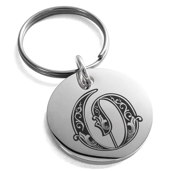 Stainless Steel Letter O Initial Royal Monogram Engraved Small Medallion Circle Charm Keychain Keyring