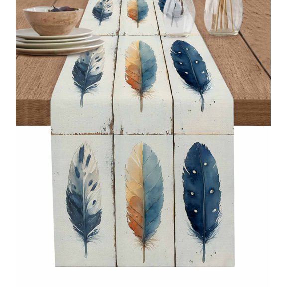 Blue Brown Feathers Table Runner 72 Inches, Boho Ombre Vintage Wooden Grain Bed Runner Dresser Scarves Tabletop for Indoor Outdoor Parties/Ceremony/Banquet, 13" x 72"