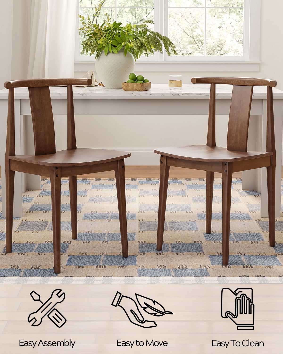 EYYTHUNG Wood Dining Chairs Set of 2, Farmhouse Kitchen Chairs with Curved Back Mid Century Wishbone Dining Chairs, Brown
