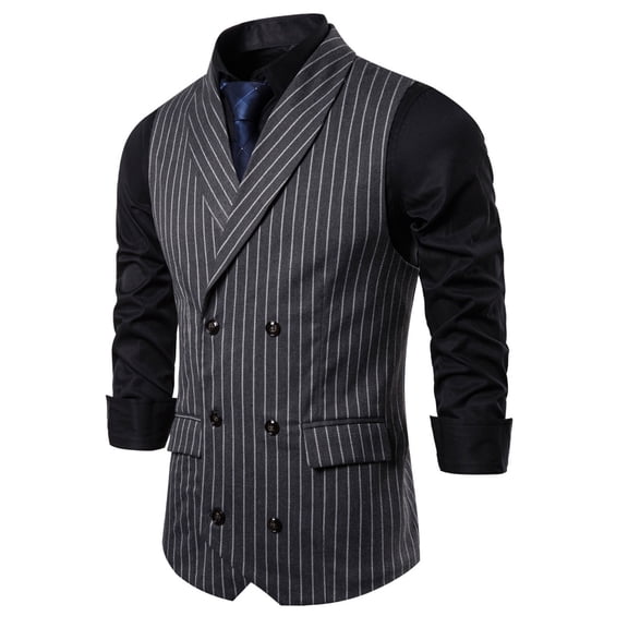Kctiaxy Mens Vest Fashionable Striped Print Sleeveless Formal Vest Turndown Collared Double-Breasted Casual Vest with Pocket