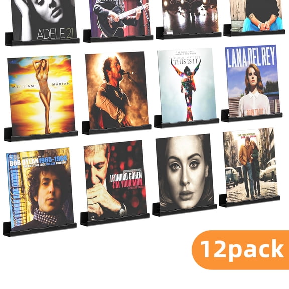 12 Pack Vinyl Record Holder, 12" Vinyl Wall Mount Shelf, Record Holder for Display and Storage, Floating Shelves for Wall, Living Room,Bedroom, Black