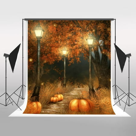 GreenDecor Polyster Halloween Photography Backdrops, 5x7ft Pumpkin Photo Backdrop Firefly Street Light Maple Trees Background for Children Kids