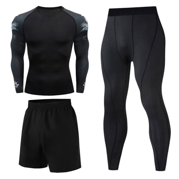 JAJAHO Mens Workout 3 Piece Outfits Tummy Control Long Sleeve Shirt And Pants Athletic Running Suit With Pockets For Basketball Training Soft Outfit