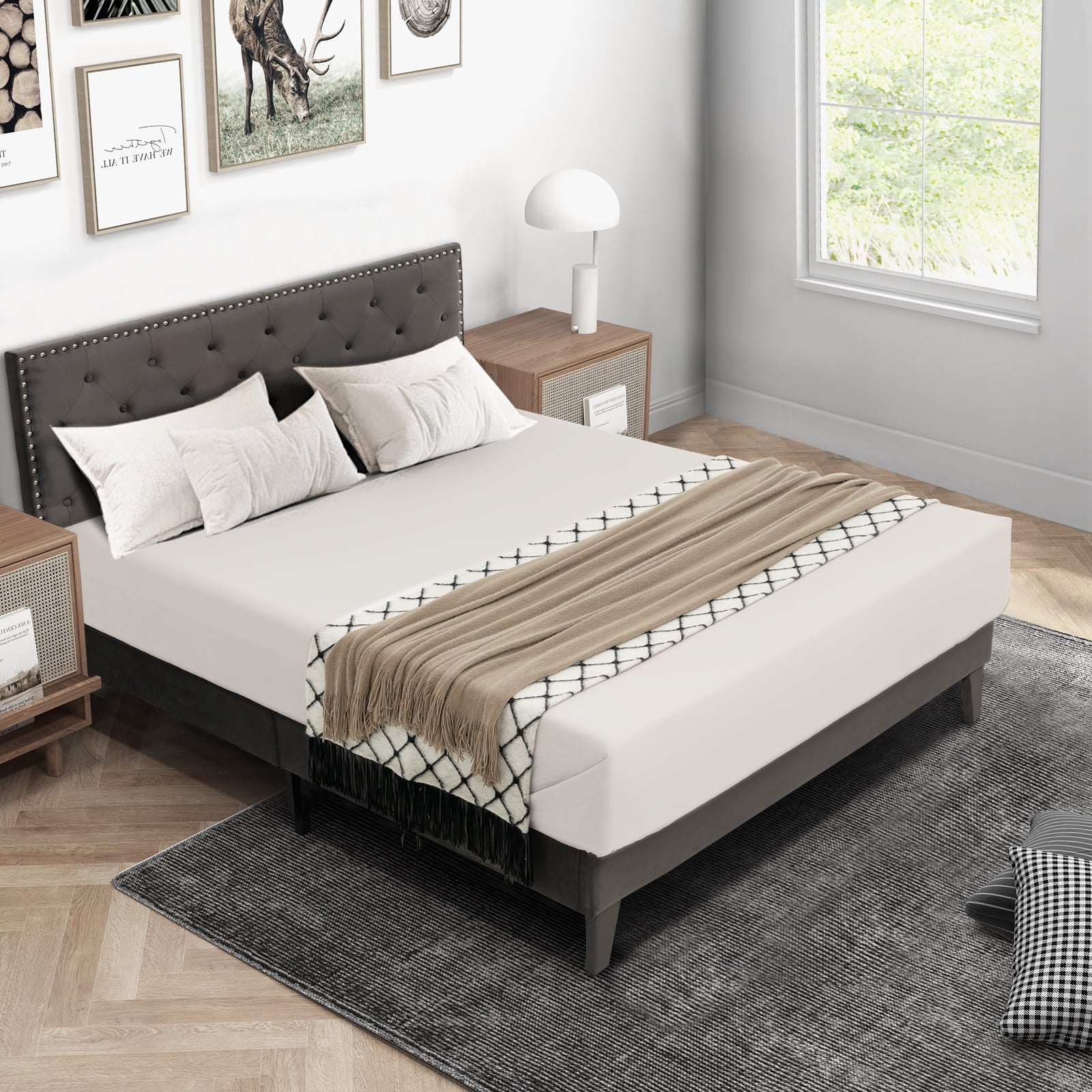 Infans Queen Bed Frame Upholstered Platform Bed w/ Tufted Headboard Mattress Foundation
