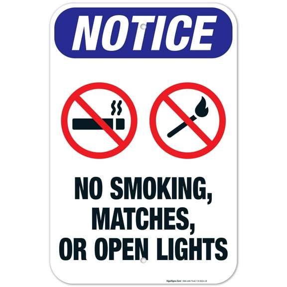 No Smoking, Matches, Or Open Lights Sign, OSHA Notice Sign, 12x18 Aluminum
